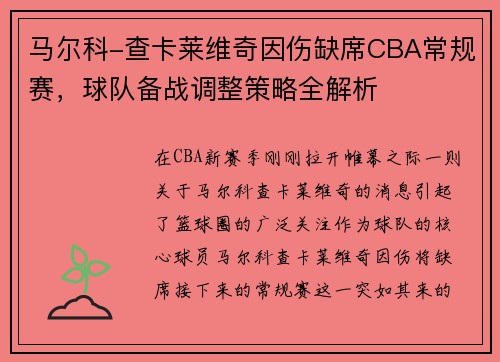 马尔科-查卡莱维奇因伤缺席CBA常规赛，球队备战调整策略全解析
