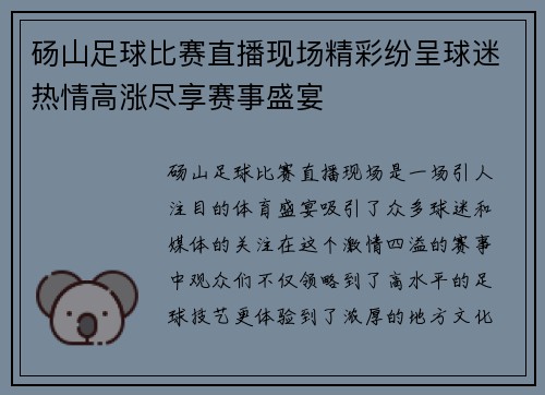 砀山足球比赛直播现场精彩纷呈球迷热情高涨尽享赛事盛宴